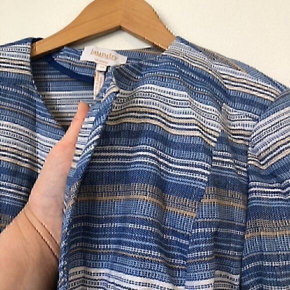 LAUNDRY BY SHELLI SEGAL Blue White Tan Striped Tweed Open Front Blazer Jacket 14 - Picture 7 of 11